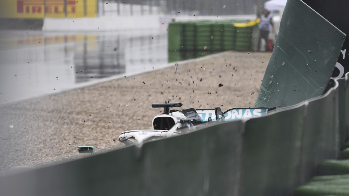 Britain's Lewis Hamilton from team Mercedes-AMG Petronas slips as he leads the track during the German Formula One Grand Prix at the Hockenheimring racetrack in Hockenheim, Germany, Sunday, July  ...