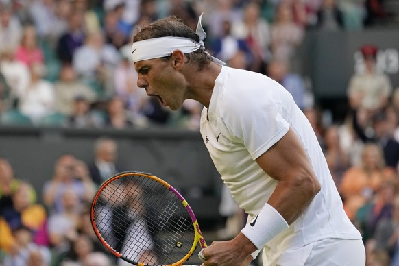 Spain&#039;s Rafael Nadal reacts after winning a point against Botic Van De Zandschulp of the Netherlands in a men&#039;s singles fourth round match on day eight of the Wimbledon tennis championships  ...