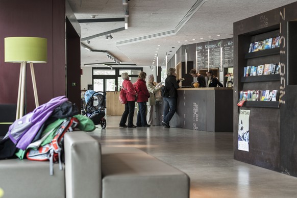 ZUR BEHERBERGUNGSSTATISTIK DER JUGENDHERBERGEN STLLEN WIR IHNEN AM DONNERSTAG, 24. APRIL 2014, FOLGENDES ARCHIVBILD ZUR VERFUEGUNG - Tourists stand in the lobby in front of the reception desk, picture ...