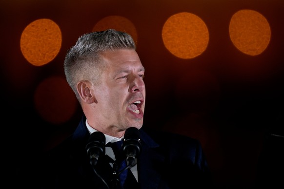 Peter Magyar, the leader of the opposition Tisza party addresses after claiming victory in a parliamentary election in Budapest, Hungary, Sunday, April 12, 2026. (AP Photo/Darko Bandic)
Peter Magyar
