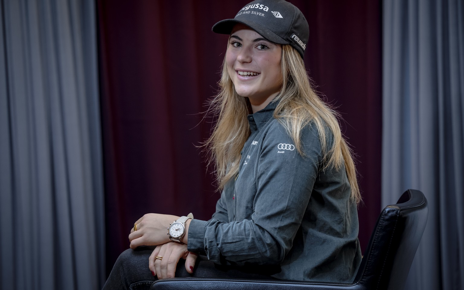 Ski racer Delia Durrer of Switzerland, poses during the Swiss-ski federation press conference at the Alpine Skiing FIS Ski World Cup, in St. Moritz, Switzerland, Wednesday, December 6, 2023. (KEYSTONE ...