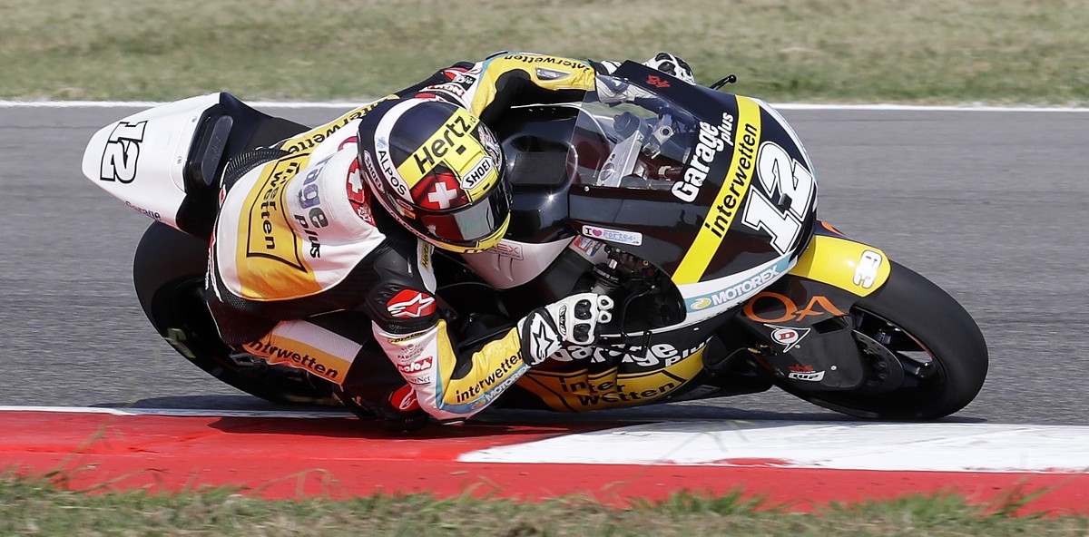 Switzerland's rider Thomas Luethi steers his Kalex during the third practice session for Sunday's San Marino Moto 2 race, at the Misano circuit, in Misano Adriatico, Italy, Saturday, Sept. 1 ...