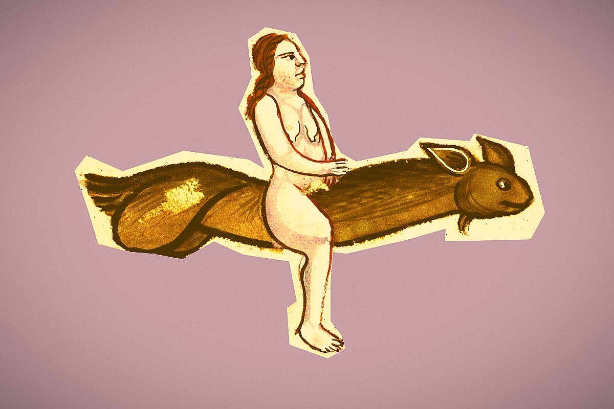 Ja, diese Dame (mit den spiegeleierartigen Brüsten) scheint auf einer Art Penis-Fuchur zu fliegen. Aus einer italienischen Handschrift aus dem 14. Jahrhundert.