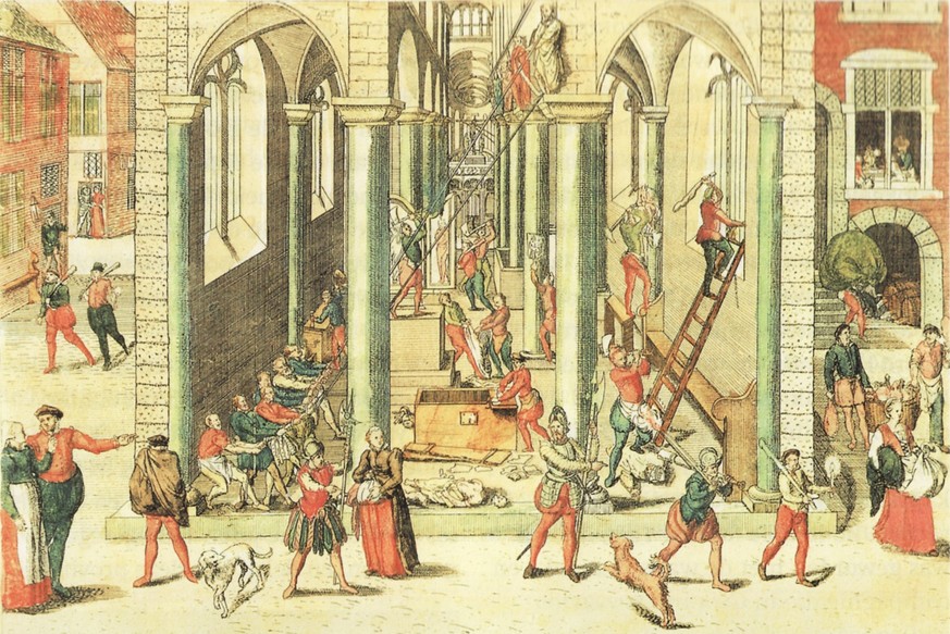 Kupferstich von Frans Hogenberg, 1588:&nbsp;Bildersturm der Calvinisten auf die Liebfrauenkathedrale von Antwerpen 1566.