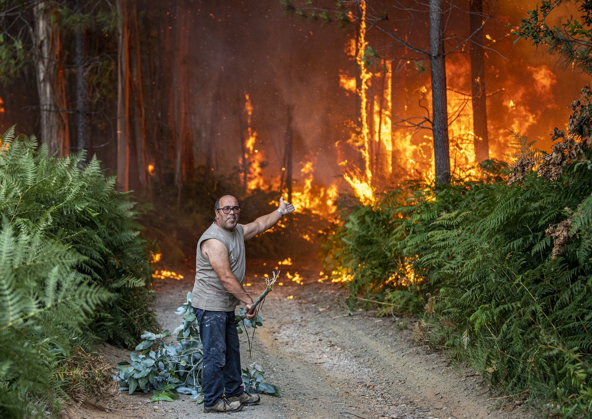 ALBERGARIA A VELHA, PORTUGAL - JULY 13: A resident tries puts out a fire with a tree branch as his sees the forest lands surrounding his home burning on July 13, 2022 in Albergaria a Velha, Portugal.  ...