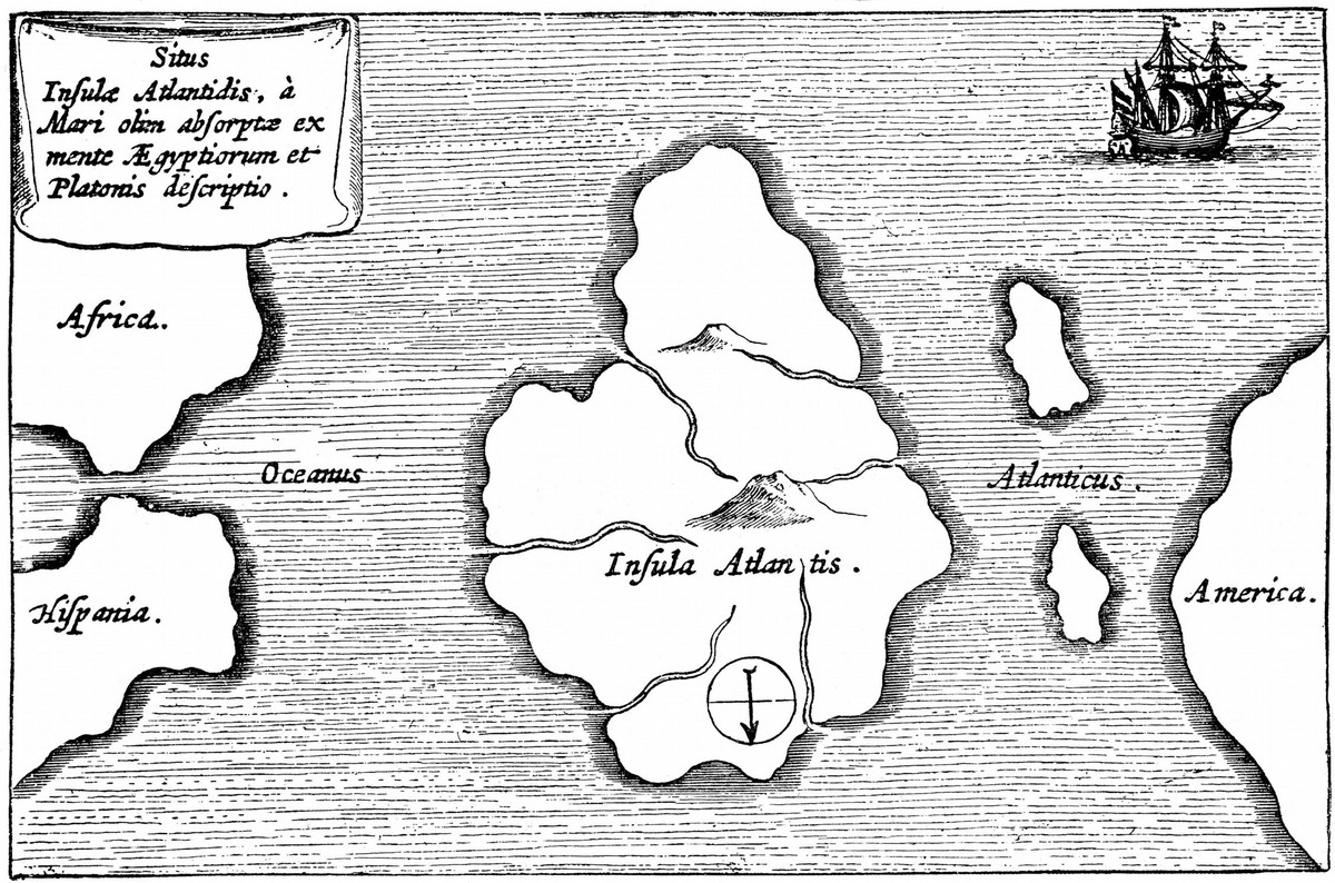 Atlantis Legendary island of Atlantis described by Plato and said to lie just beyond the Pillars of Hercules (Gibraltar and Mount Hacho). Engraving after description by Athanasius Kircher (1602-1680)  ...