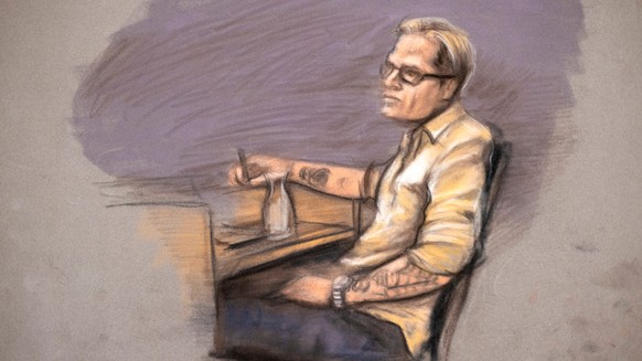 A court sketch of Marius Borg Hoiby during the second day of the trial against him, which is taking place in room 250 of the Oslo District Court, Norway, Wednesday, Feb. 4, 2026. (Ane Hem/NTB Scanpix  ...