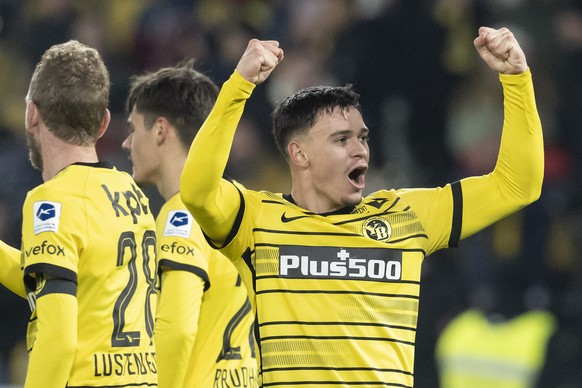 YBs Fabian Rieder feiert seinen Treffer zum 4-0 im Fussball Meisterschaftsspiel der Super League zwischen den Berner Young Boys und dem FC Sion, am Samstag, 11. Maerz 2023, im Wankdorf Stadion in Bern ...