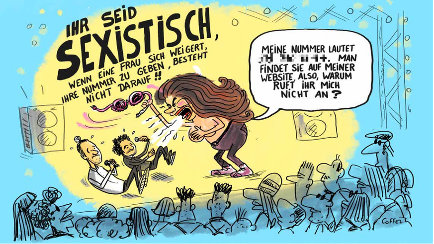 Die Karikatur von Pascal Coffez in den «Schaffhauser Nachrichten». Die Handynummer von Funiciello wurde von der watson-Redaktion aus dem Bild entfernt.