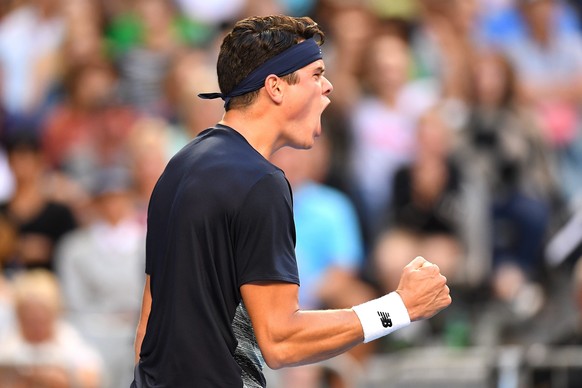 epa05737703 Milos Raonic of Canada reacts during his Men&#039;s Singles third round match against Gilles Simon of France at the Australian Open Grand Slam tennis tournament in Melbourne, Victoria, Aus ...