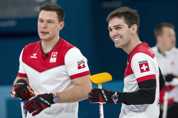 Claudio Paetz and Peter de Cruz of Switzerland, from left, during the men Curling round robin game between Switzerland and Sweden in the Gangneung Curling Center in Gangneung at the XXIII Winter Olympics 2018 in Pyeongchang, South Korea, on Monday, February 19, 2018. (KEYSTONE/Alexandra Wey)