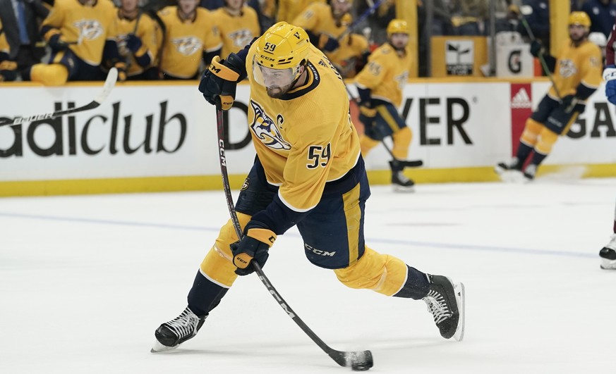 Nashville Predators&#039; Roman Josi (59) shoots against the Colorado Avalanche during the second period in Game 4 of an NHL hockey first-round playoff series Monday, May 9, 2022, in Nashville, Tenn.  ...