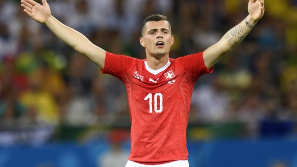 Switzerland&#039;s midfielder Granit Xhaka reacts during the FIFA soccer World Cup 2018 group E match between Switzerland and Brazil at the Rostov Arena, in Rostov-on-Don, Russia, Sunday, June 17, 201 ...