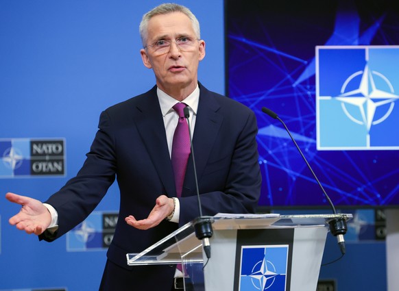 epa10559739 NATO Secretary-General Jens Stoltenberg holds a press conference after a Foreign Ministers meeting at the North Atlantic Treaty Organisation headquarters in Brussels, Belgium, 05 April 202 ...