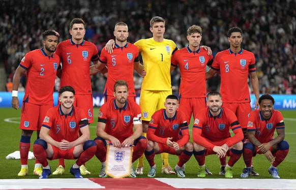 England's starting players pose for a team photo at the beginning of the UEFA Nations League soccer match between England and Germany at the Wembley Stadium in London, England, Monday, Sept. 26, ...