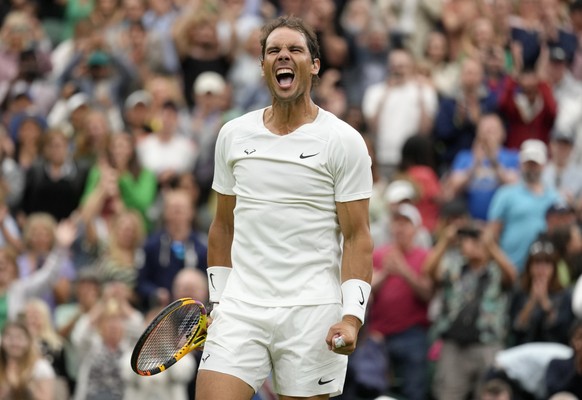 Spain&#039;s Rafael Nadal celebrates after beating Lithuania&#039;s Ricardas Berankis in a second round men&#039;s singles match on day four of the Wimbledon tennis championships in London, Thursday,  ...