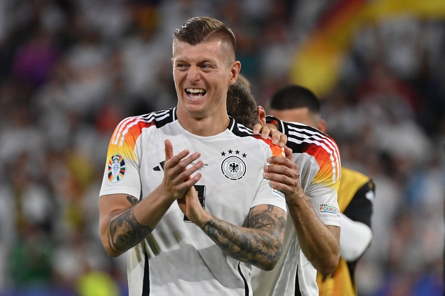 14.06.2024, xjrdrx, Fussball EM 2024, Deutschland - Schottland emspor, v.l. Jubel Freude ueber den Sieg bei Toni Kroos Deutsche Fussball Nationalmannschaft DFB Thomas M�ller Deutsche Fussball National ...