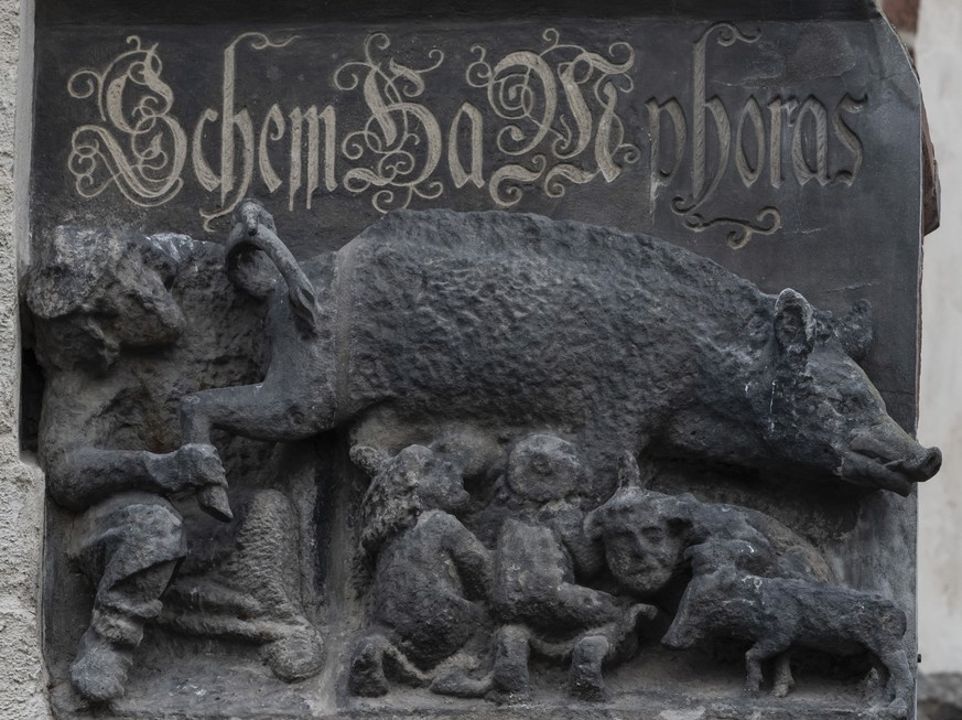 File - The so-called &#039;Judensau&#039; or &#039;Jew pig&#039; sculpture is pictured on the facade of the Stadtkirche, Town Church, in Wittenberg, Germany, Jan. 14, 2020. The sculpture is located ab ...