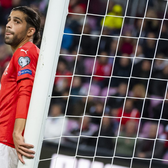 Switzerland&#039;s defender Ricardo Rodriguez, reacts during the UEFA Euro 2020 qualifying Group D soccer match between Switzerland and Republic of Ireland, at the Stade de Geneve, in Geneva, Switzerl ...