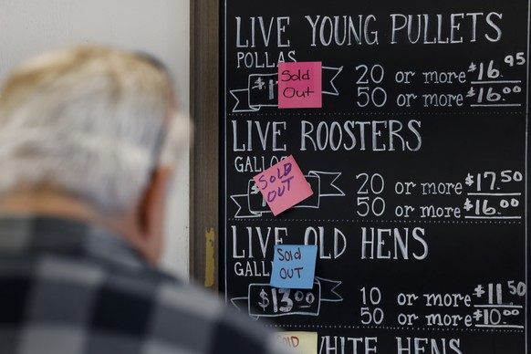 epa11945161 Live chickens and roosters are listed as sold out at Maust&#039;s California Poultry in Chino, California, USA, 06 March 2025. An ongoing bird flu outbreak has significantly reduced the su ...