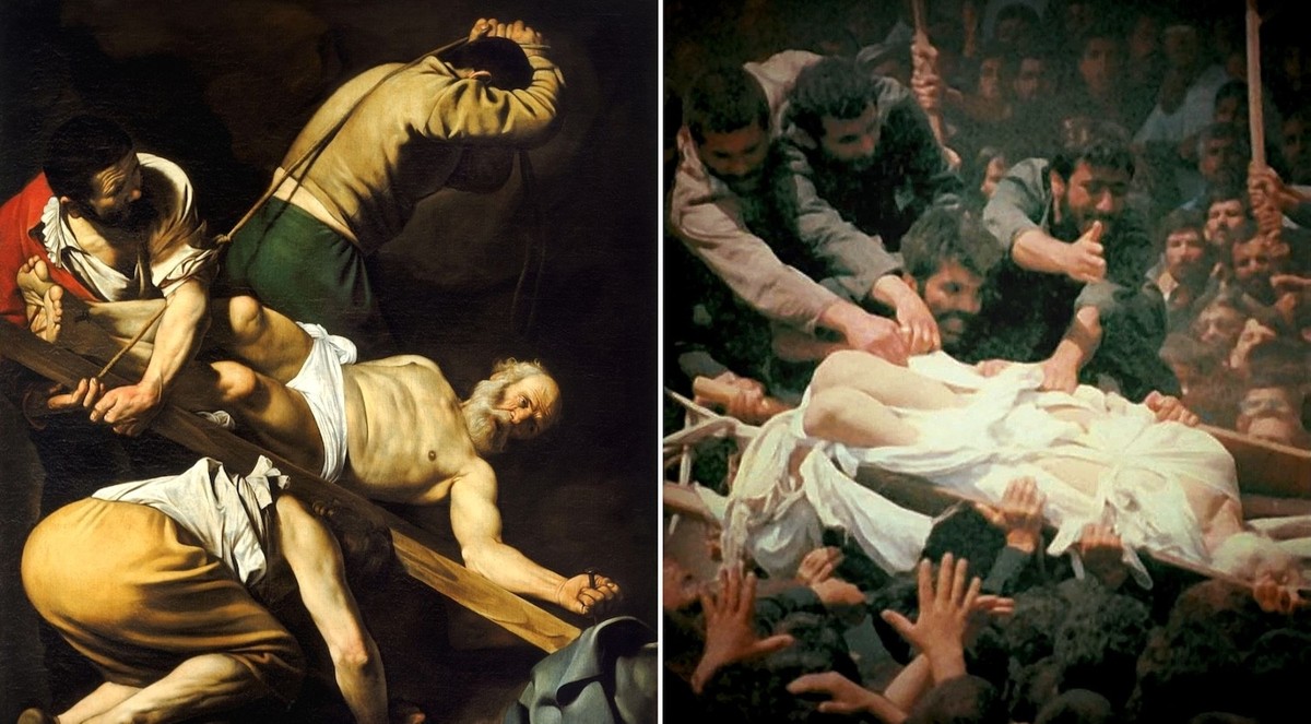 Accidentally Renaissance - Crucifixion of St. Peter by Caravaggio, 1600, vs the Funeral of Ruhollah Khomeini, 1989.