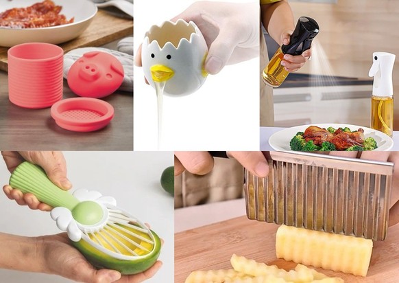 Bacon strainer, egg white separator, olive oil diffusor, avocado slicer, crinkle cut potato slicer. 
Küchen-Gadget, die die Welt nicht braucht.