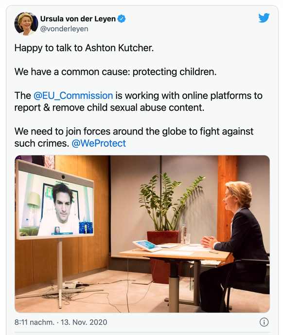 Bild von einem Videotreffen zwischen Kutcher und Von der Leyen, das die EU-Kommissionschefin veröffentlichte.