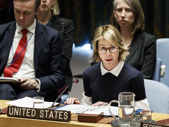 epa08114902 United States&#039; ambassador to the United Nations Kelly Craft (C) addresses an United Nations Security Council meeting about international peace and security at United Nations headquart ...