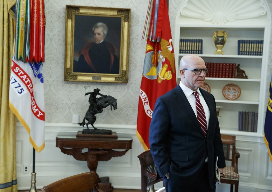 National Security Adviser H.R. McMaster listens during a meeting between President Donald Trump and North Korean defectors in the Oval Office of the White House, Friday, Feb. 2, 2018, in Washington. ( ...