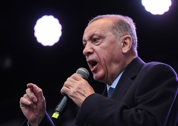 epaselect epa10622908 Turkish President Recep Tayyip Erdogan speaks during his election campaign event in Istanbul, Turkey, 12 May 2023. Turkey will hold its general election on 14 May 2023 with a two ...