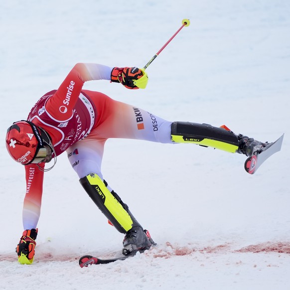 Switzerland&#039;s Loic Meillard gets to the finish area after completing an alpine ski, men&#039;s World Cup slalom in Val d&#039;Isere, France, Sunday, Dec.15, 2024. (AP Photo/Giovanni Auletta)
