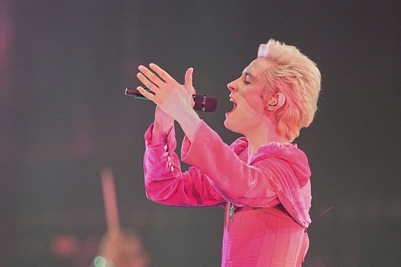 Ziferblat from Ukraine performs the song &quot;Bird of Pray&quot; during the first semi-final of the 69th Eurovision Song Contest, in Basel, Switzerland, Tuesday, May 13, 2025. (AP Photo/Martin Meissn ...