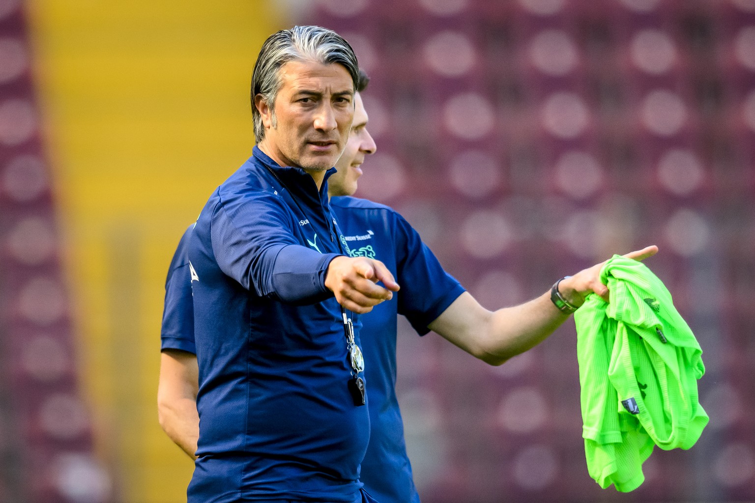 Switzerland&#039;s head coach Murat Yakin reacts during a training session on the eve of the UEFA Nations League group A2 soccer match between Switzerland and Portugal at the Stade de Geneve stadium,  ...