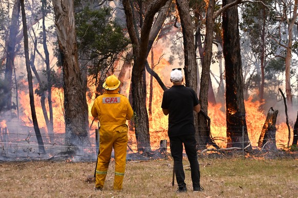epa11176266 Local resisdent Attila Hegedus (right) and a fire fighter look on at a fire near a property in Raglan, Victoria, Australia, 23 February 2024. More than 1000 firefighters are working to con ...