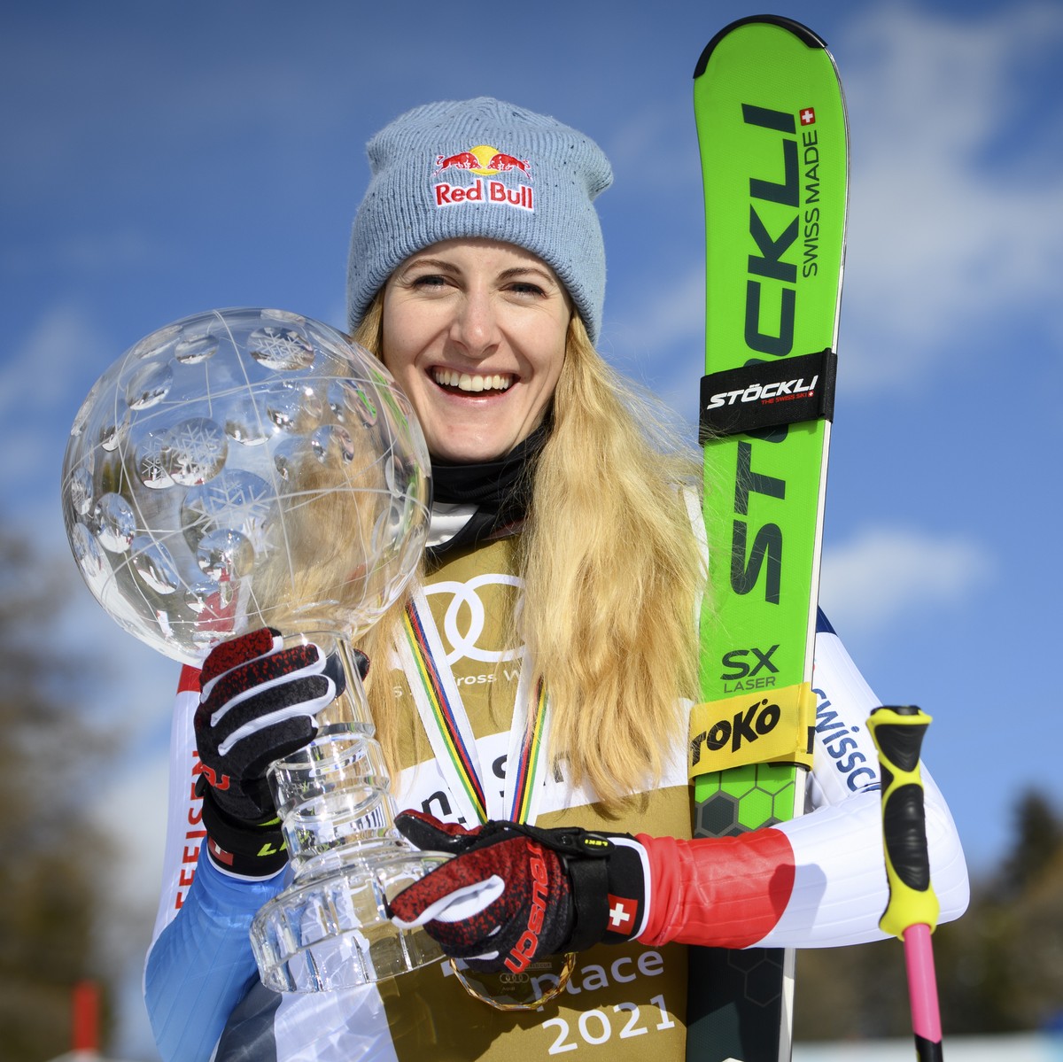 Fanny Smith of Switzerland celebrates with the crystal globe of the overall women's Ski Cross World Cup on the podium after the women's Ski Cross, at the FIS Ski Cross, SX, World Cup Finals, ...
