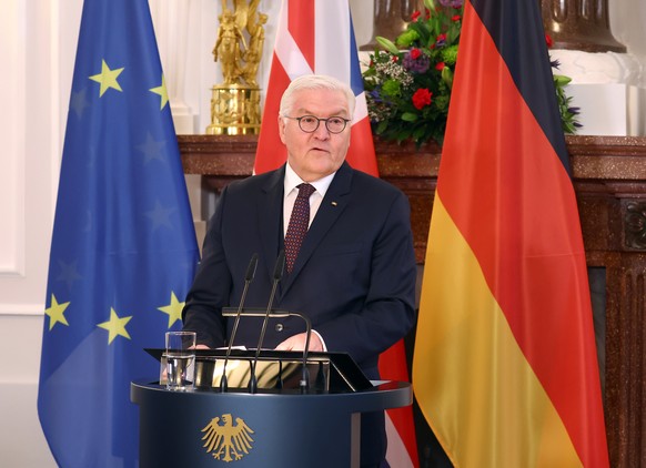 epa10548960 German President Frank-Walter Steinmeier speaks during a Sustainability Reception in partnership with the Berlin Energy Transition Dialogue in the presidential palace Schloss Bellevue in B ...