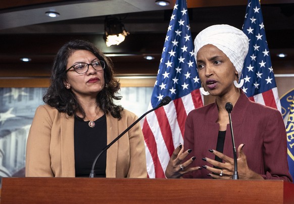 epa07774972 (FILE) - Democratic Representatives Ilhan Omar (R) and Rashida Tlaib speak about President Trump&#039;s Twitter attacks against them in the US Capitol in Washington, DC, USA, 15 July 2019  ...
