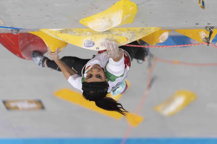 Iranian athlete Elnaz Rekabi competes during the women&#039;s Boulder &amp; Lead final during the IFSC Climbing Asian Championships, in Seoul, Sunday, Oct. 16, 2022. Rekabi left South Korea on Tuesday ...