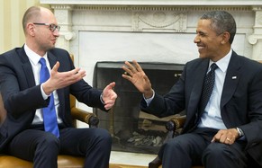 President Barack Obama, right, talks with Ukraine Prime Minister Arseniy Yatsenyuk, left, in the Oval Office of the White House in Washington, Wednesday, March 12, 2014. Obama welcomed Ukraine's new prime minister as the U.S. seeks to highlight ties with the former Soviet republic now caught in a diplomatic battle between East and West.(AP Photo/Pablo Martinez Monsivais)