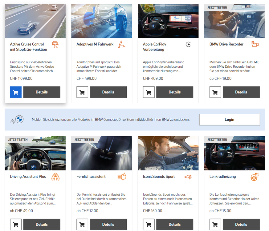 Ein Screenshot des Schweizer BMW-Online-Shops mit Abonnements für erweiterte Assistenzsysteme, Navikarten-Updates, Lenkradheizung, Motorgeräusche etc.