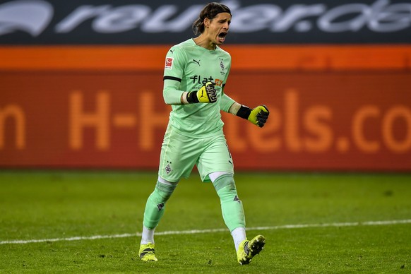 Moenchengladbach&#039;s goalkeeper Yann Sommer celebrates his team victory during the German Bundesliga soccer match between Borussia Moenchengladbach and Borussia Dortmund in Moenchengladbach, German ...