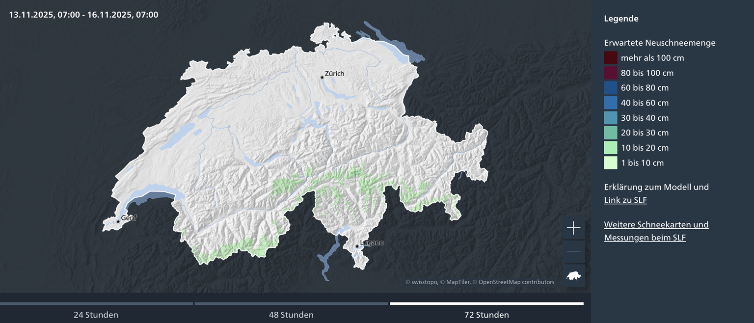 Am Wochenende vom 14. bis zum 16. November fällt auf der Alpensüdseite Schnee.