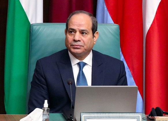 epa10462864 Egyptian President Abdel Fattah al-Sisi attends the conference in support of Jerusalem, at the Arab League&#039;s headquarters in Cairo, Egypt, 12 February 2023. The conference is a follow ...