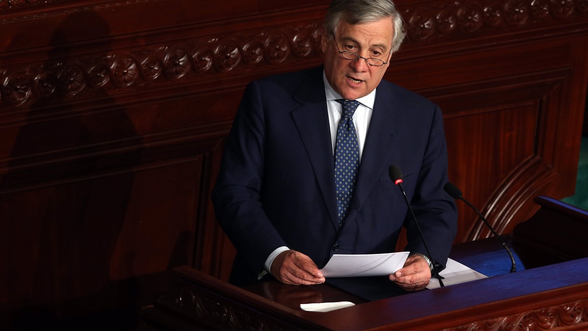 epa06298150 President of the European Parliament Antonio Tajani delivers a speech at the House of People's Representatives (HPR) in Tunis, Tunisia, 30 October 2017. Tajani is in Tunisia for an of ...