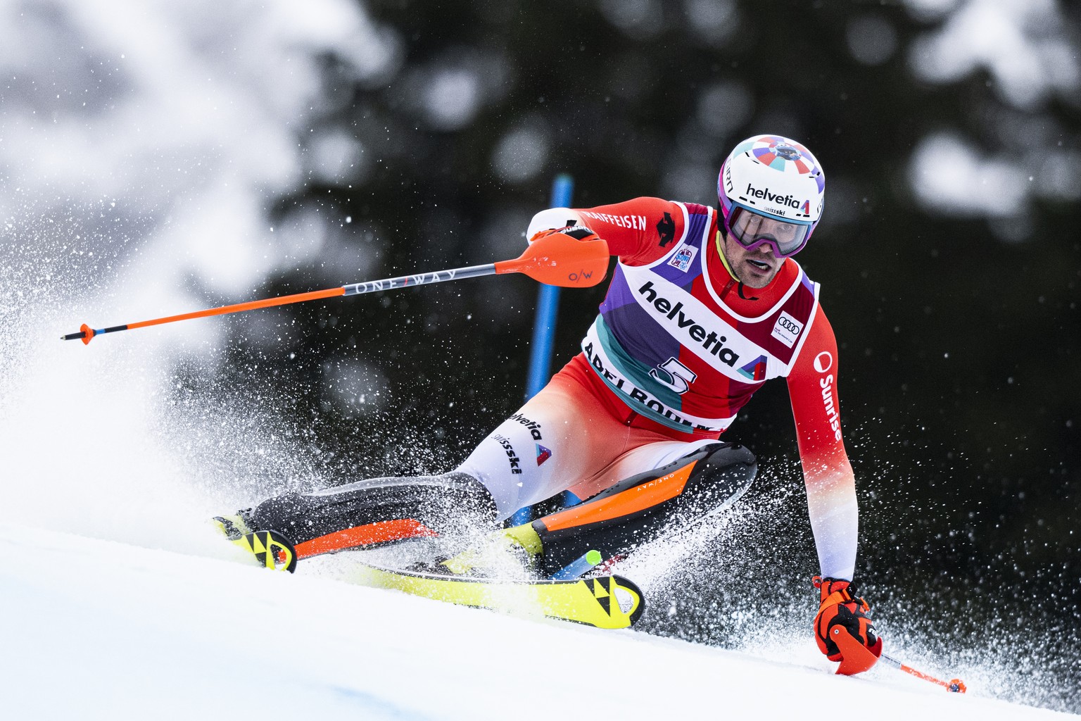 Daniel Yule of Switzerland in action during the first run of the men&#039;s slalom race at the Alpine Skiing FIS Ski World Cup in Adelboden, Switzerland, Sunday, January 8, 2023. (KEYSTONE/Anthony Ane ...