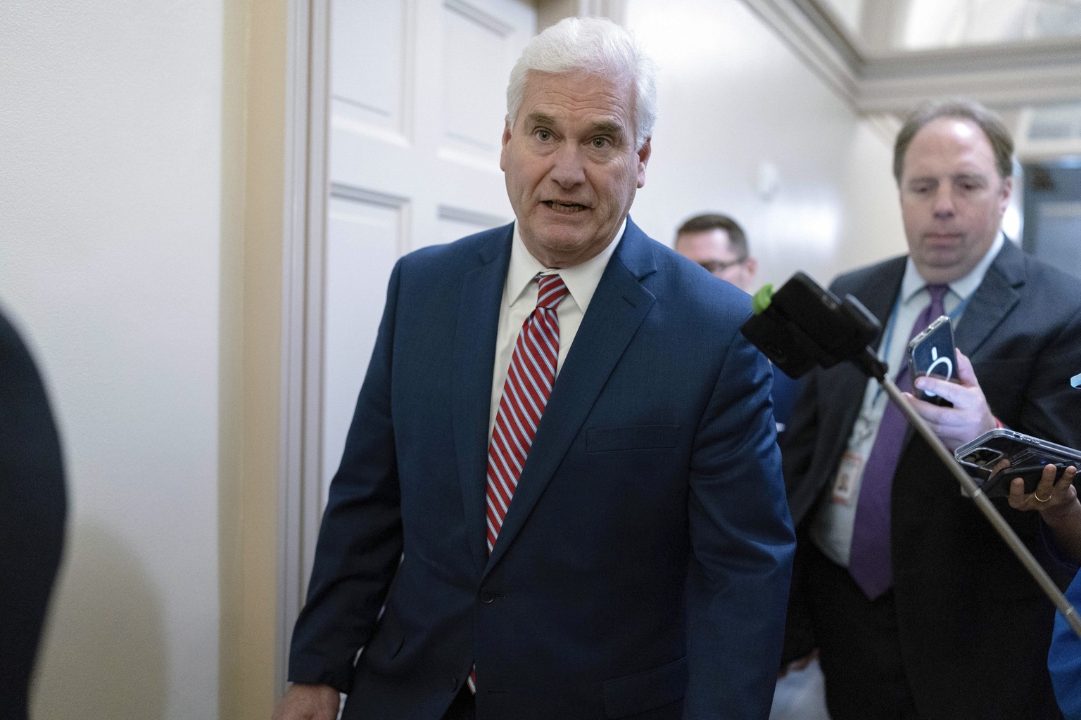 FILE - House Majority Whip Tom Emmer, R-Minn., leaves the Republican caucus meeting at the Capitol in Washington, Thursday, Oct. 19, 2023. (AP Photo/Jose Luis Magana, File)
Tom Emmer