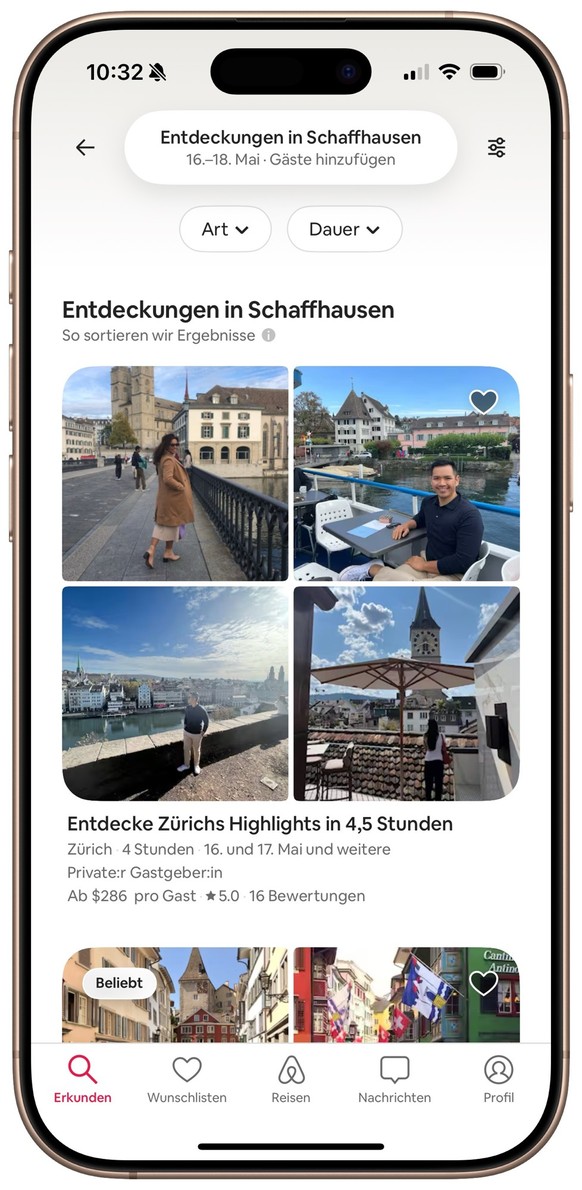 Vorschlag der Airbnb-App zu «Entdeckungen in Schaffhausen»