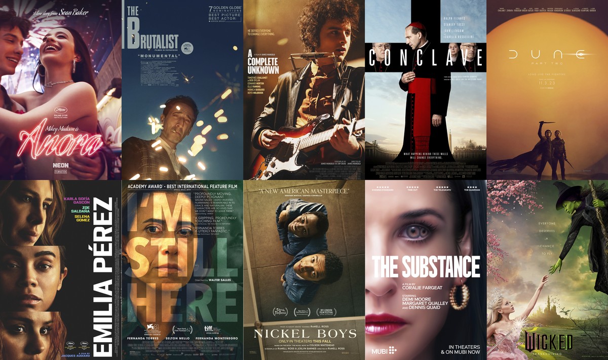 This combination of images shows promotional art for ten films nominated for the Oscar for best picture, top row from left, "Anora," "The Brutalist," "A Complete Unknown,&quot ...