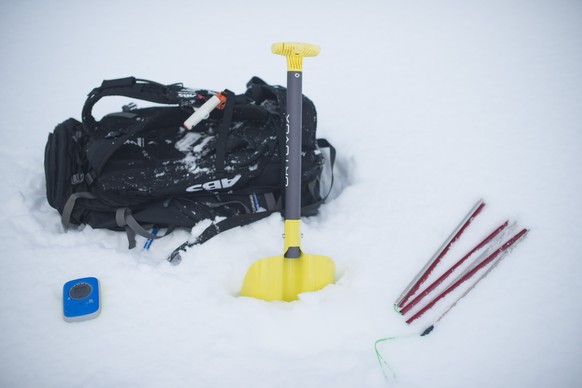 A ski safety rescue kit with Shovel, Porbe, Arva (Barryvox) and Avalanche Airbag System, in Crosets, Switzerland, Tuesday, December 30, 2014. Snow covered parts of Switzerland and many areas of Europe ...