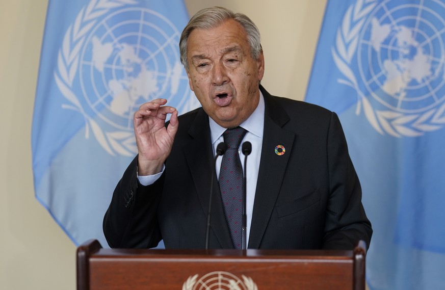 Antonio Guterres, Secretary General of the United Nations, speaks to reporters after a meeting with British Prime Minister Boris Johnson for climate change discussions at United Nations headquarters,  ...